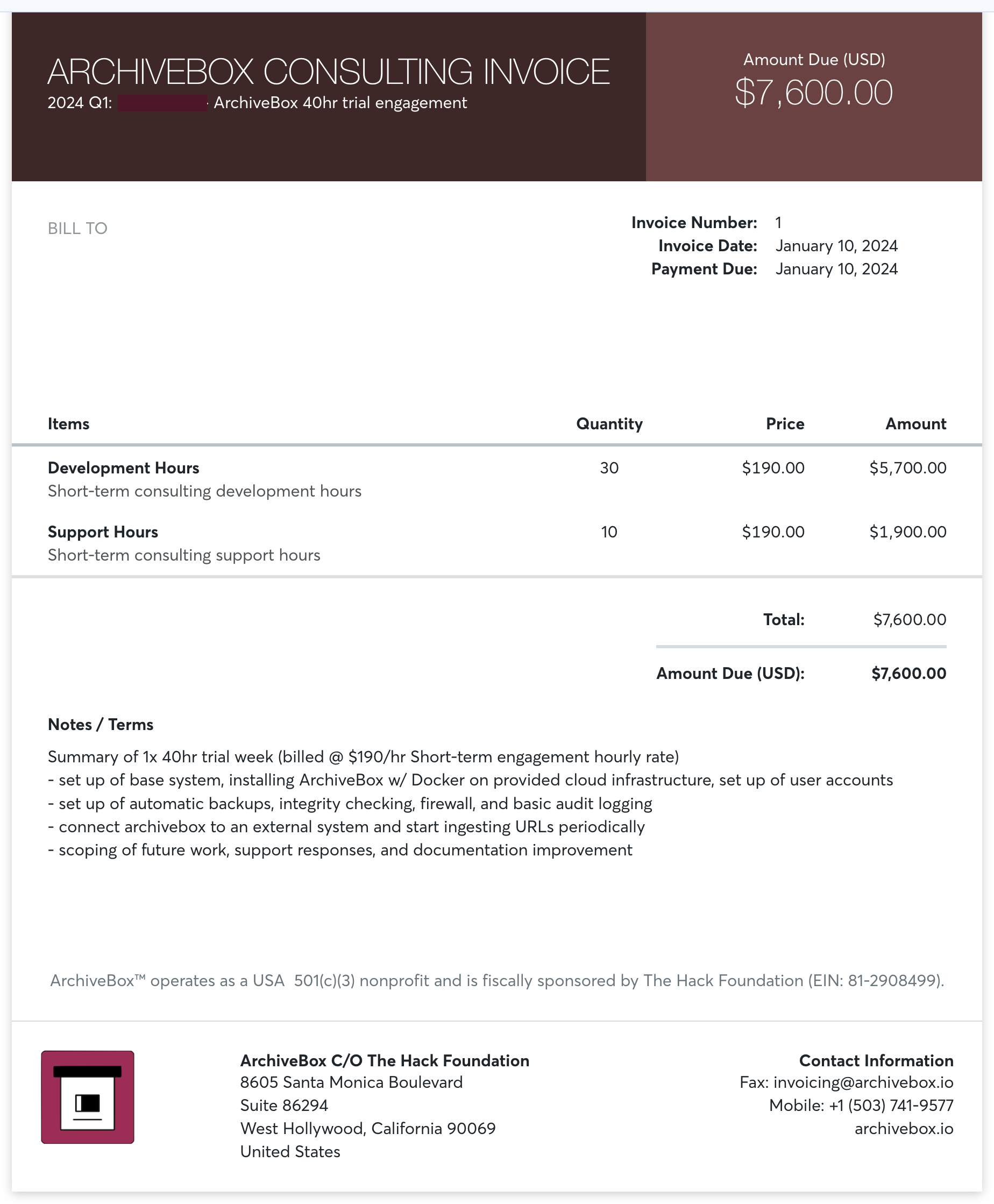 Example invoice for trial week engagement