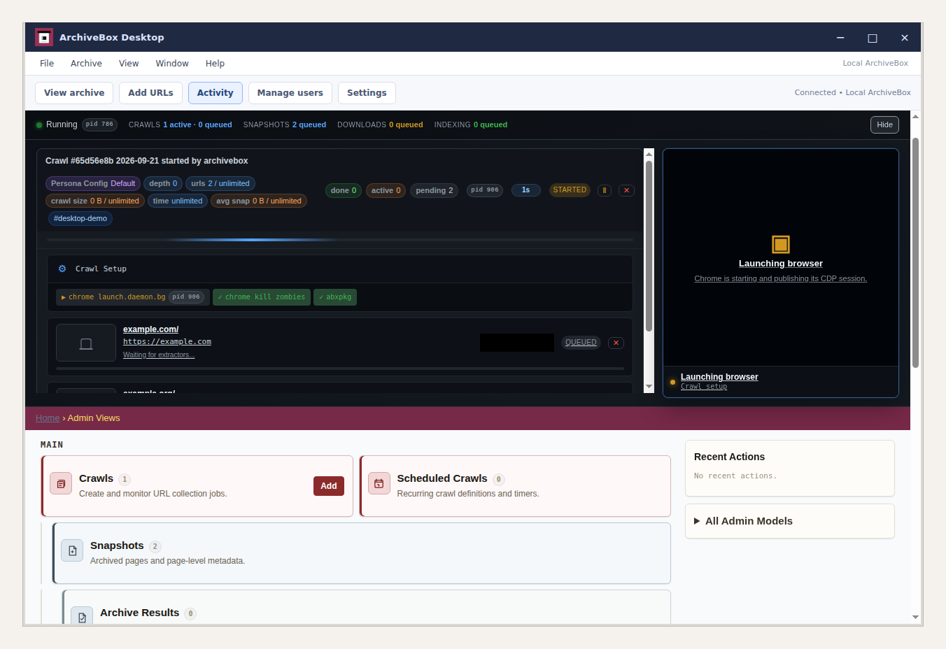 The Electron appโs Activity view, showing an active crawl and browser startup.