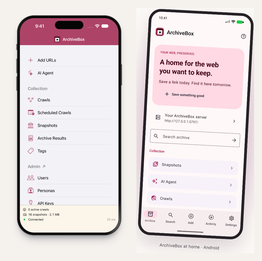 iPhone and Android, using the device-framed screenshots from the official app sites.